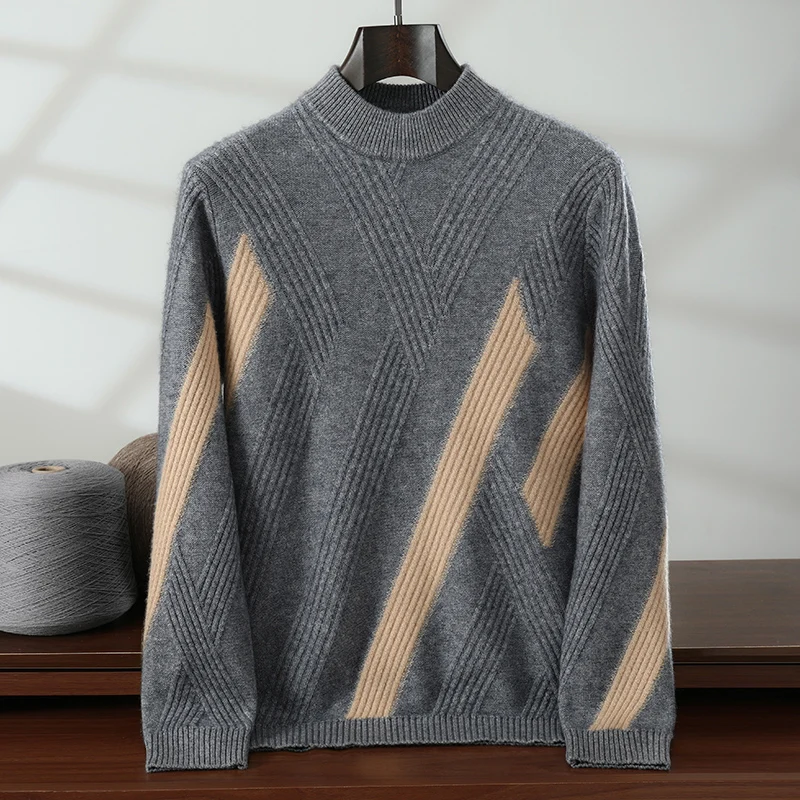 

Trendy Men's 100% Cashmere Pullover High Quality Color blocked Knitted Sweater Half High Neck Thick Street Clothing Pull Jumper