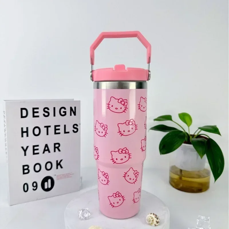 Kawaii Hello Kitty Kubek próżniowy ze stali nierdzewnej o dużej pojemności Anime Lovely Student Przenośny kubek Ice King na zewnątrz Automatyczny kubek Nowy