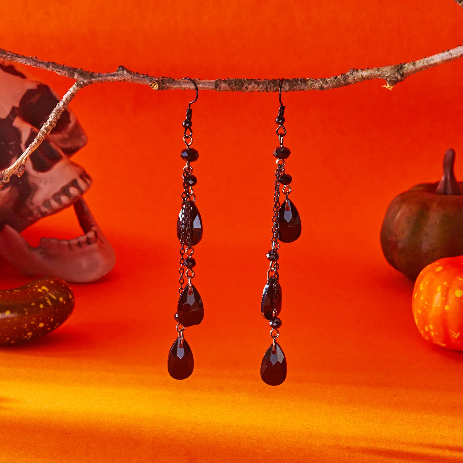 Halloween Vintage Black Crystal Waterdrop Earrings for Women Punk Long Tassel Dangle Earring Party All Saints' Day Jewelry