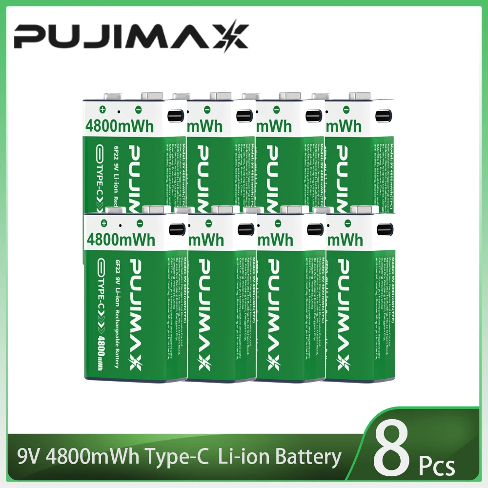 PUJIMAX USB 9V Oplaadbare Batterij 4800mWh Type-C Oplaadbare 6F22 9V Li-ion Batterij voor RC Helicopeter Model Multimeter Speelgoed