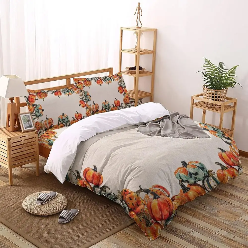 

Pumpkins 4 Pieces Duvet Cover Bedding Set - 1 Duvet Cover + 1 lat Sheet + 2 Pillow Shams, Thanksgiving all Pumpkin Linen Texture