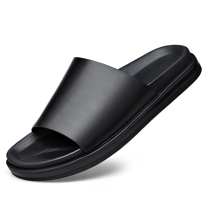 2024 New Genuine Leather Slippers Men Thick Soles Non-slip Flip-flop Sandals for Men Fashion Causal Black Summer Shoes Male