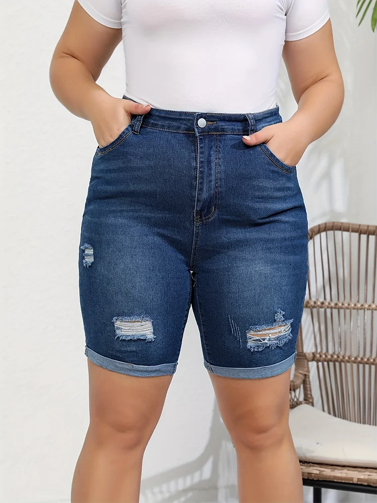 Klasyczne niebieskie zwinięte spodenki jeansowe Moda damska Uniwersalne gorące spodnie Plus Size Średnia talia Rozciągliwe dżinsy Solidne obcisłe