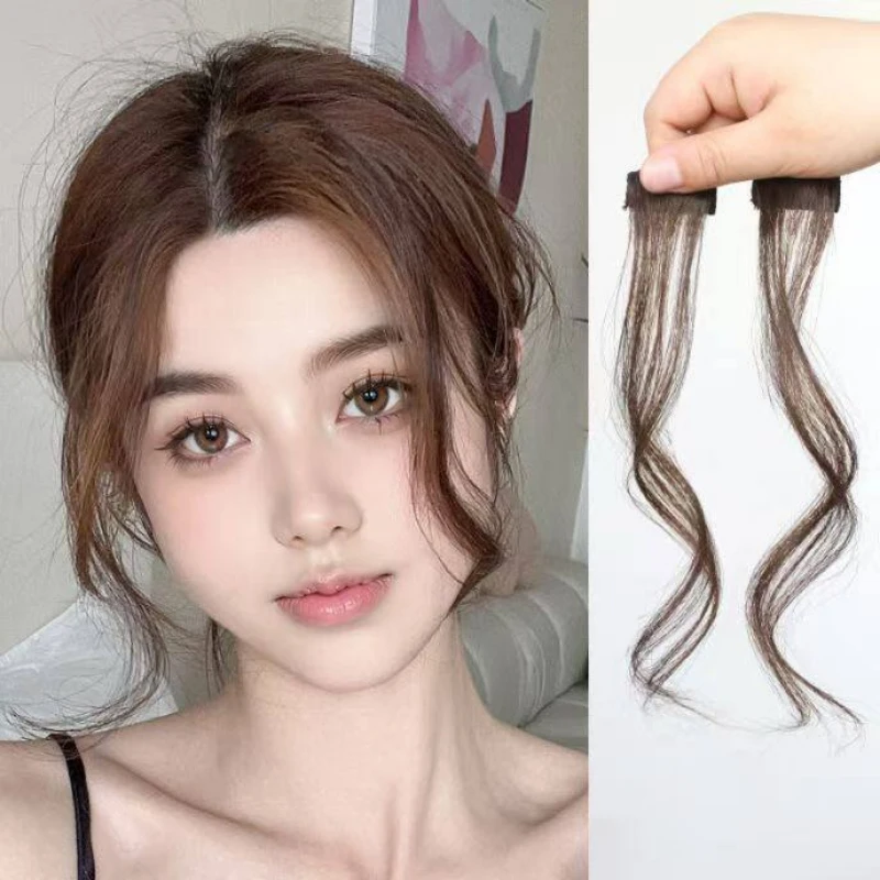 Long Side Air Bangs Wavy Curly Clips in Fringe Bangs Wig 2Pcs Front Side Bangs for Women Synthetic Hairpiece Hair Extensions New