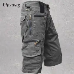 Casualowe męskie szorty Cargo 2024 Summer Vintage Multi Pockets Zipper Pure Color Cotton Shorts Men New Fashion Loose Straight Shorts