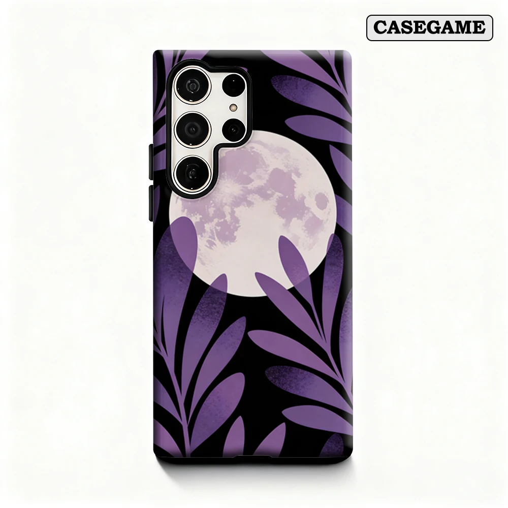 Casegame Phone Case for Samsung Galaxy S26 S25 Ultra S24 S23 Plus Shockproof Double Layer Tough Back Purple Moon Leaves Cover