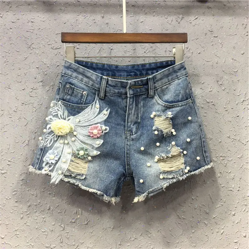 Summer Woman Ladies Tassel Ripped Hole Flower Pearls Embroidered Blue Jeans Shorts Female Beading Denim Shorts Trousers Q892