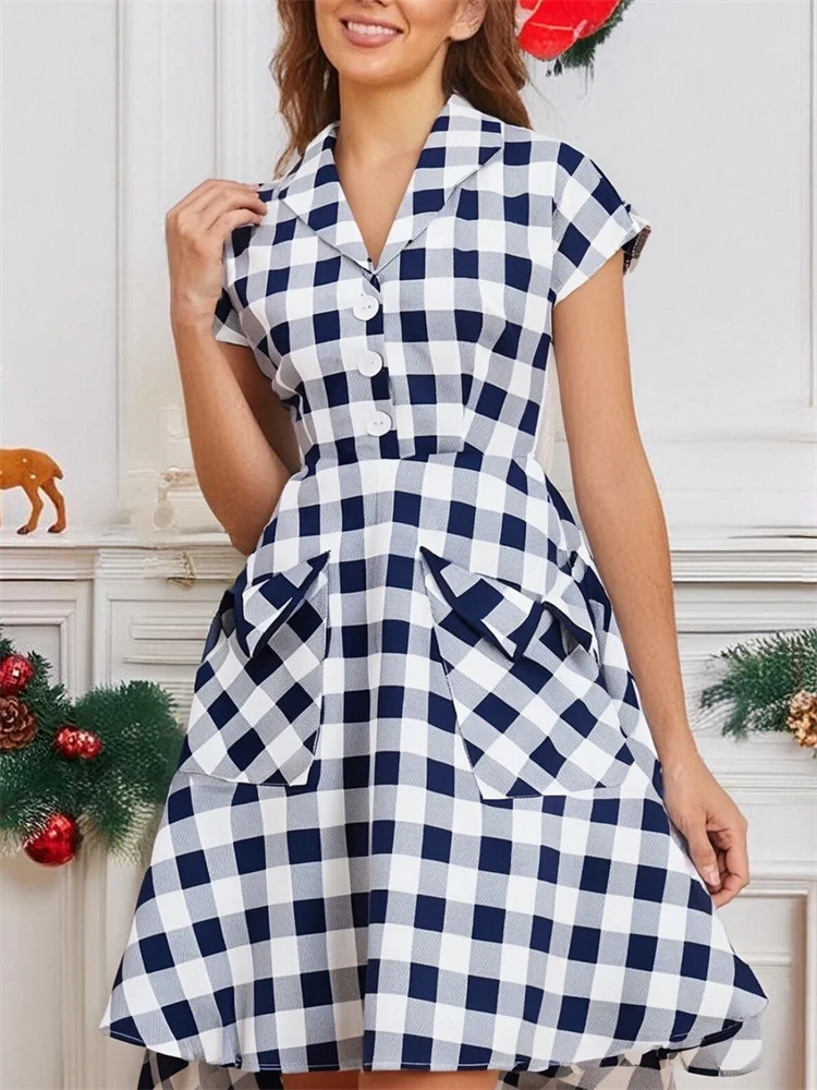 2025 เปิดลงปกVINTAGE Casualฤดูร้อนชุดสตรีกระเป๋าขนาดใหญ่ 1950s 60s Elegant A Lineรันเวย์พรหมค็อกเทล