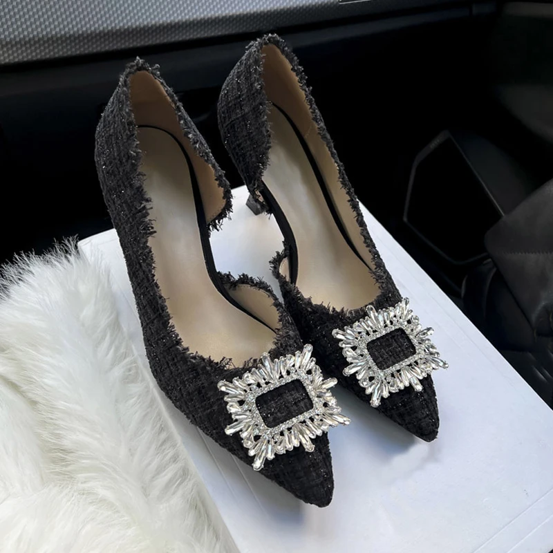 Luxury Rhinestone Square Buckle Pumps Women Brand Design Pointed Toe Tweed Fabric High Heel Sandals Ladies Elegant Party Shoes