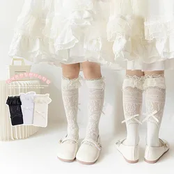 Korean White Ballet Knee Length Socks Baby Girls Mesh Long Sock Lolita Lace Bow Mid Length Hose Leggings for Princess Skirts