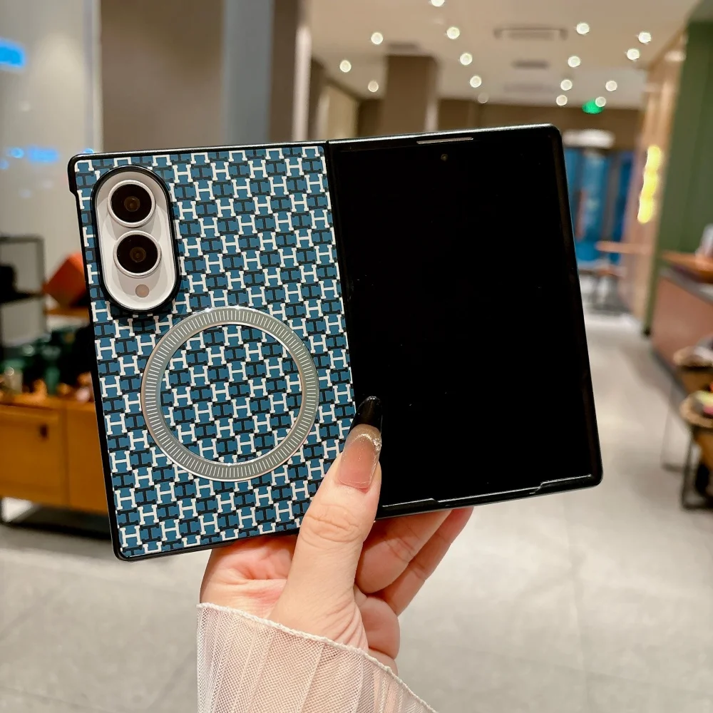 For Magsafe Magnetic Phone Case For Samsung Galaxy Z Fold 8Ultra Double Axis Rainbow Bridge Leather Grain Hinge Shockproof Cover