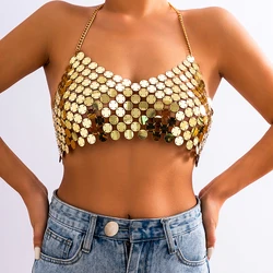 Lacteo Gold Color Halter Bra Top Chain Women's Sexy Bikini Body Jewelry Sequin Chest Chain Underwear Nightclub Festival Summer