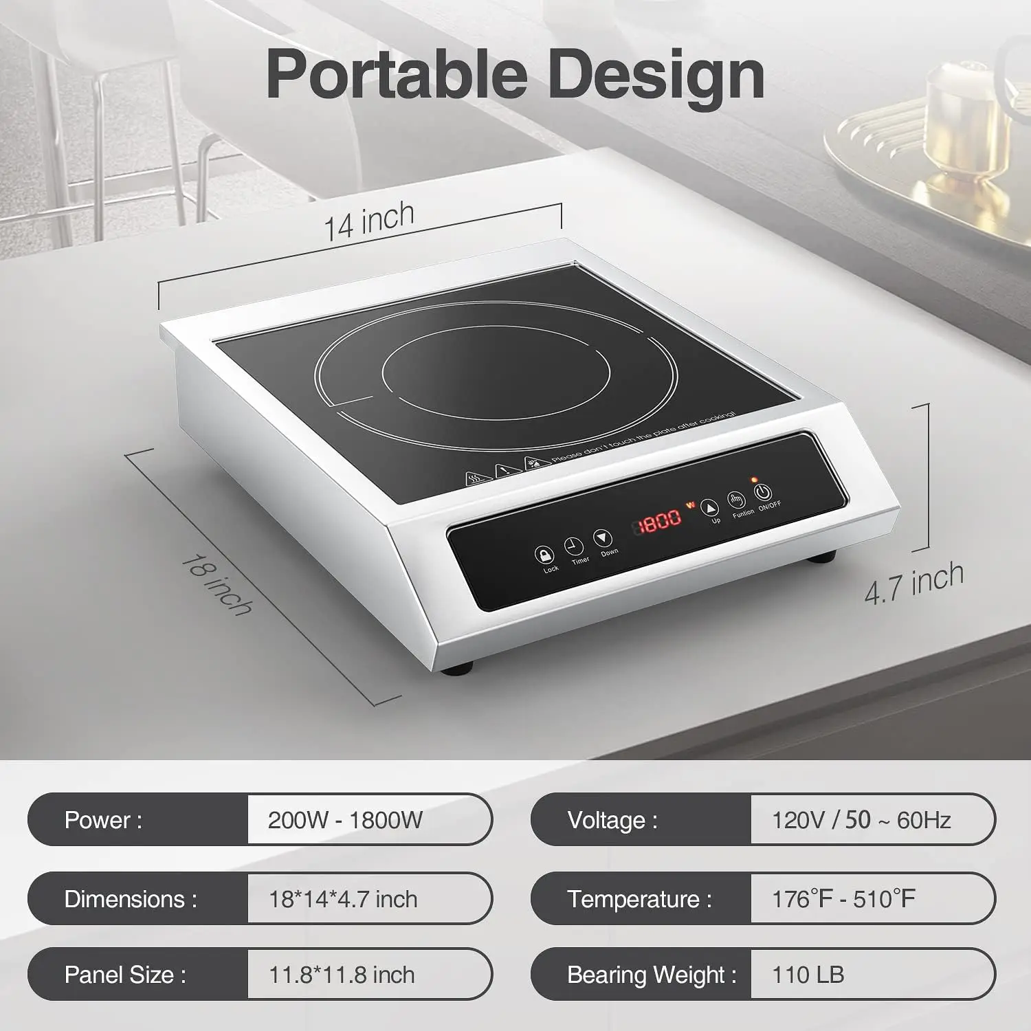 Placa de cocina de inducción comercial portátil, 1800W, quemador de encimera anhee, placa caliente de inducción eléctrica para cocinar, 9 niveles de temperatura