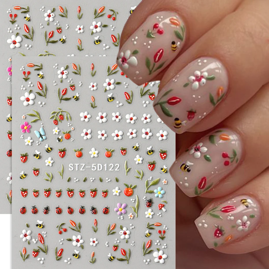 Adorable 5D Bee-Themed Floral Nail Stickers - Featuring Insects, Flowers, And Strawberries for Spring and Summer Nail Supplies