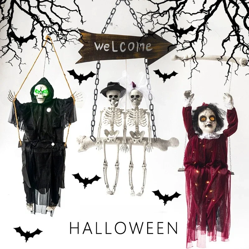 Halloween Swing Chain Hanging Ghost Voice-activated Glowing Skull Haunted House Horror Decoration Pendant Props