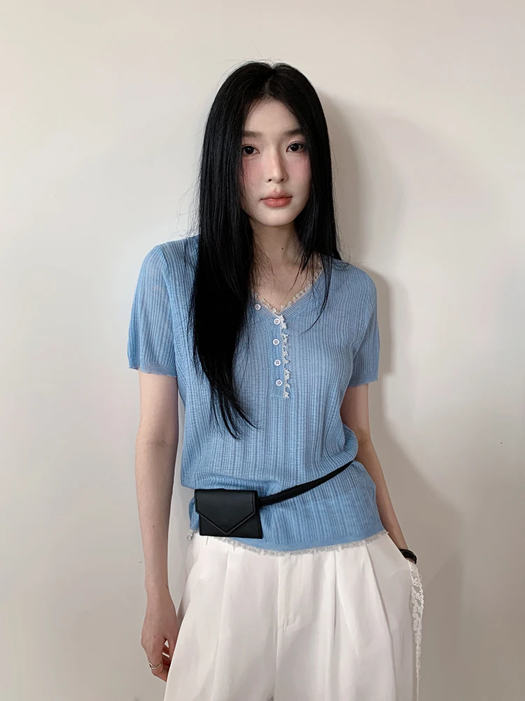 

Boran Casual Commute Short Sleeve Knitted V-neck Ruffle Slimming Top Women's Summer New Style Korean Version Fleece Thin