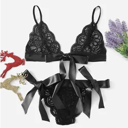 Women Bra Sexy Underpant Sets Scalloped Trim Tie Side Lace Bra Set Solid Color Lingerie Set Bow Embroidery Bra And Brief Sets