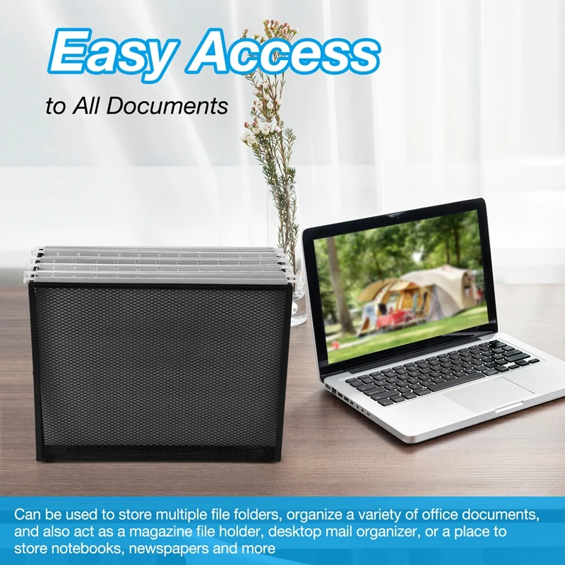 Hanging File Organizer Filing Box,Metal Mesh File Crate Desk Organizer Magazine Holder With 5 Hanging Folders Included