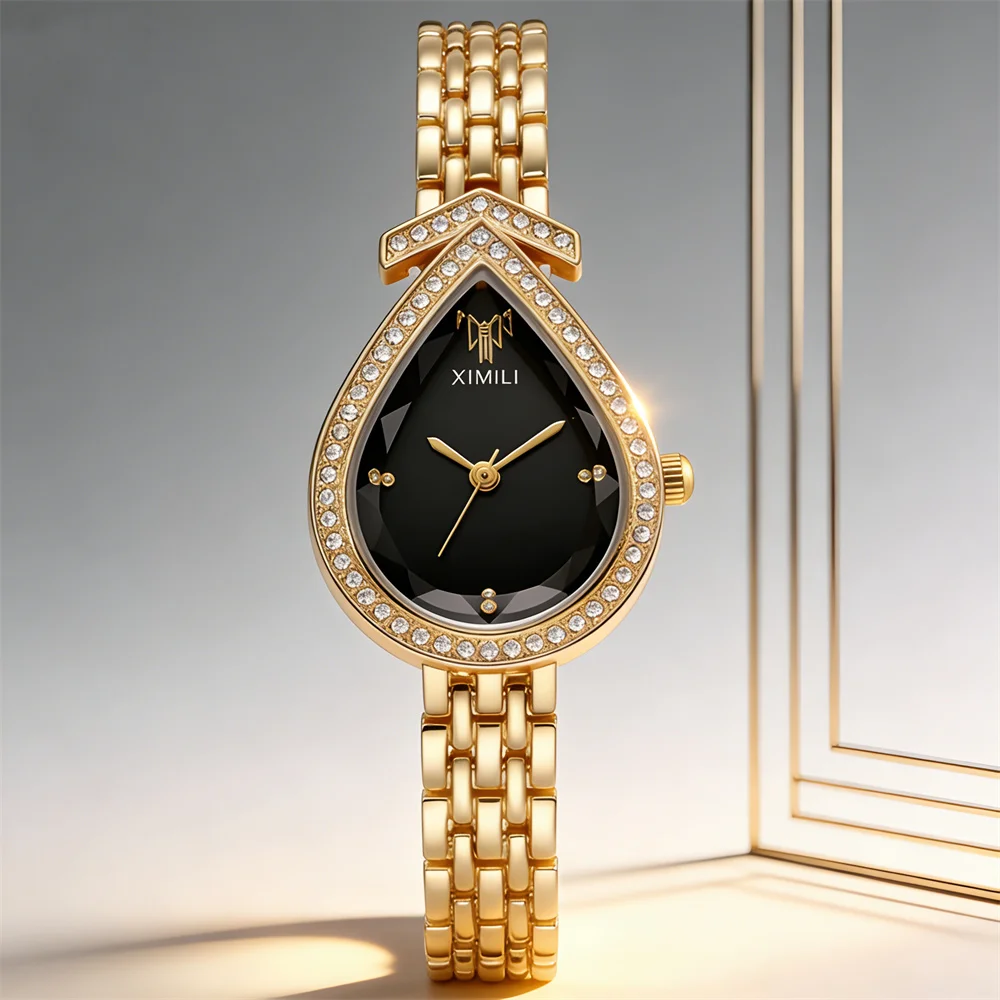 

Элегантные женские часы с кристаллами в форме капли, золотистого цвета, с черным циферблатом, кварцевые наручные часы, женские роскошные часы для торжественных случаев