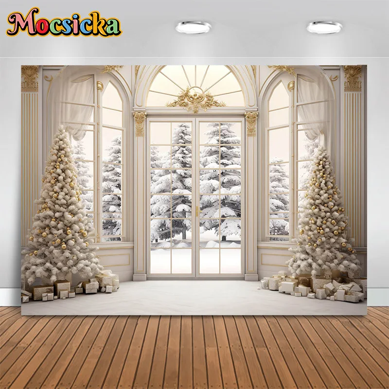 

Mocsicka xmas photography background snowy pine tree gift backdrop christmas new year's eve birthday party kids photo studio