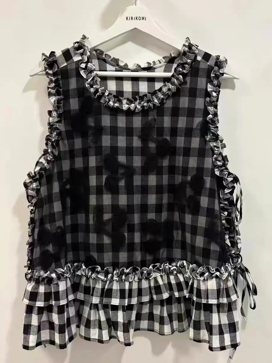Kirikomi Embroidered Cherry Plaid Vest Set Women's Commute Style H-Shape Vest No Brand Other Material 100% Regular Length