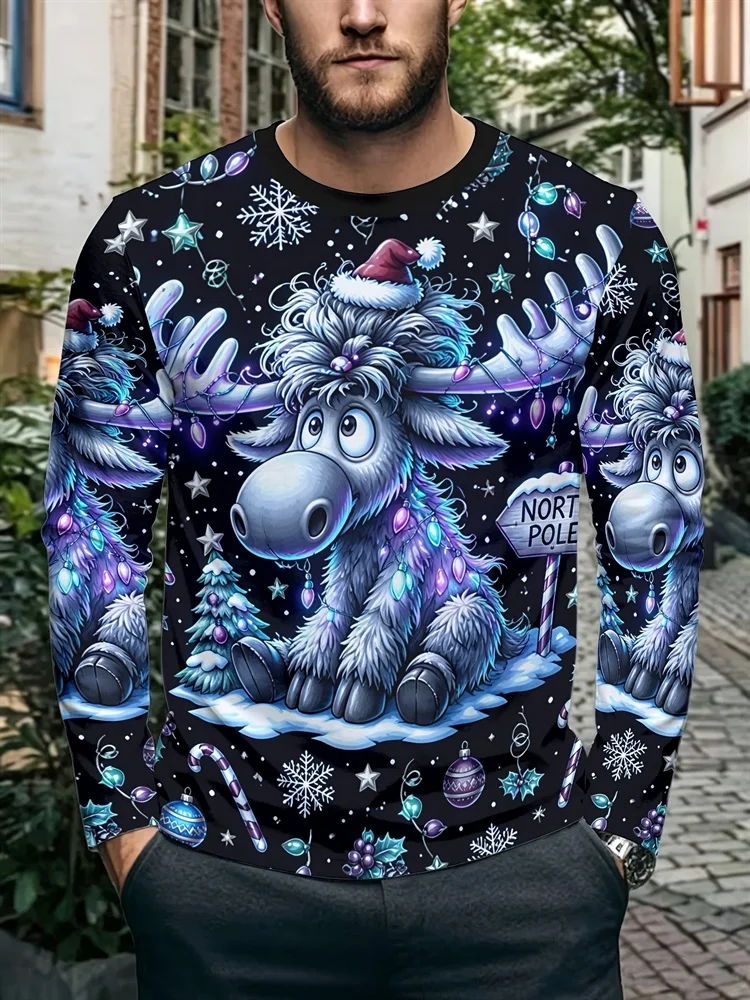 Men's Christmas Reindeer North Pole Long Sleeve T-Shirt Cute Snowflake Candy Cane Graphic Tee Pullover Tops Gift New 2026