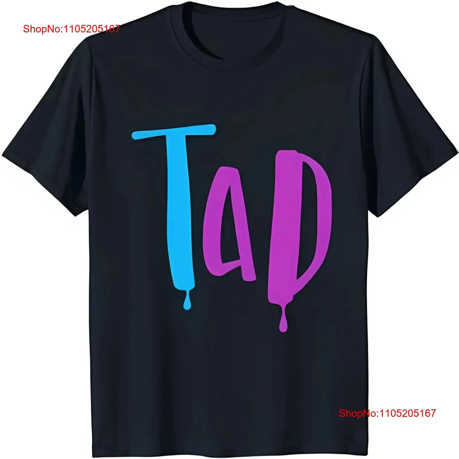 

Смелая черная футболка с капающим граффити «TAD» в синем винтажном стиле, модный топ для повседневной носки, уличная одежда, дышащая