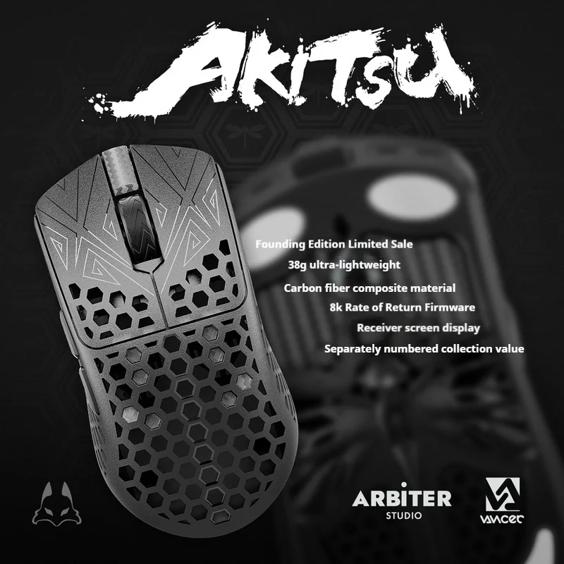 Vancer Akitsu Gaming Mouse Carbon Fiber 38g Lightweight PAW3395 8k Low Latency Receiver Screen High Performance Esports Mouse
