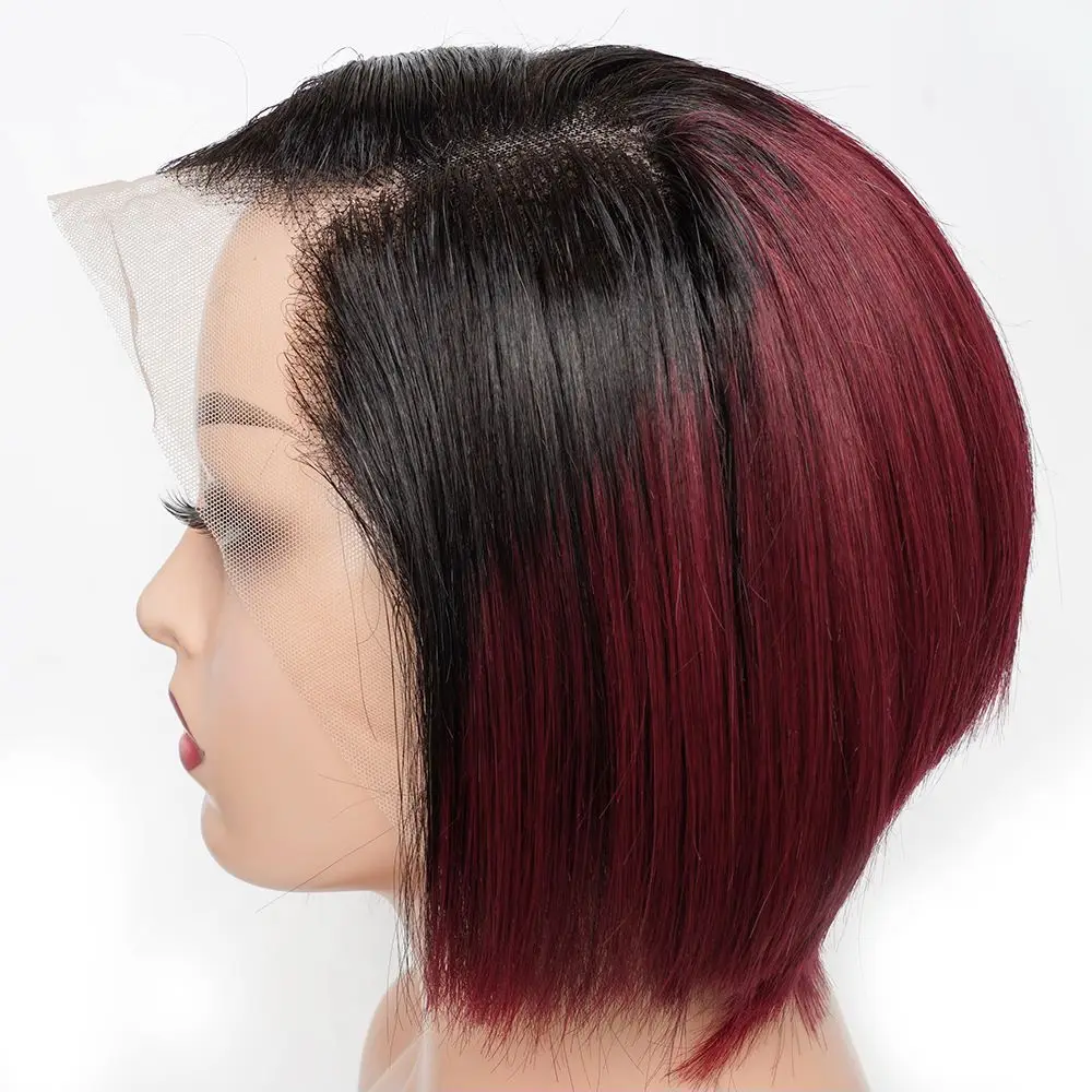 Colored 1B/99J Ombre Short Bob Lace Wig Human Hair Transparent Lace Burgundy Brazilian Straight Pixie Cut Lace Front Wigs Remy