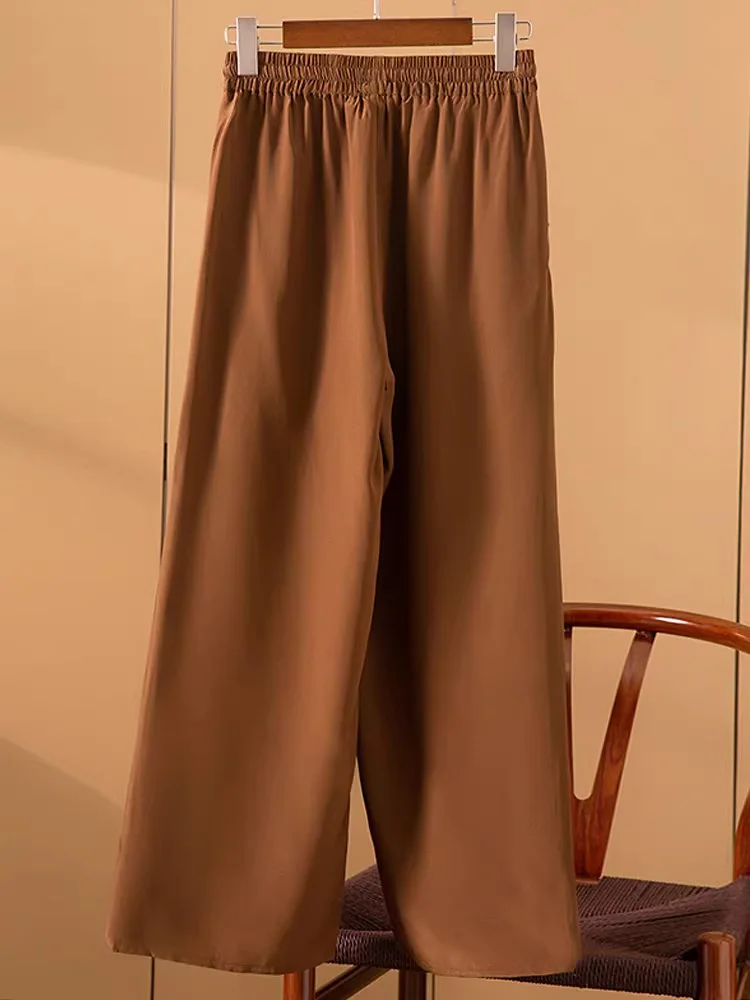 SUYADREAM, Solid Pants For Woman, 100%Silk Crepe, Elastic Waist, Wide Leg Pants, 2024 Spring Summer Chic Trousers, Navy, Camel