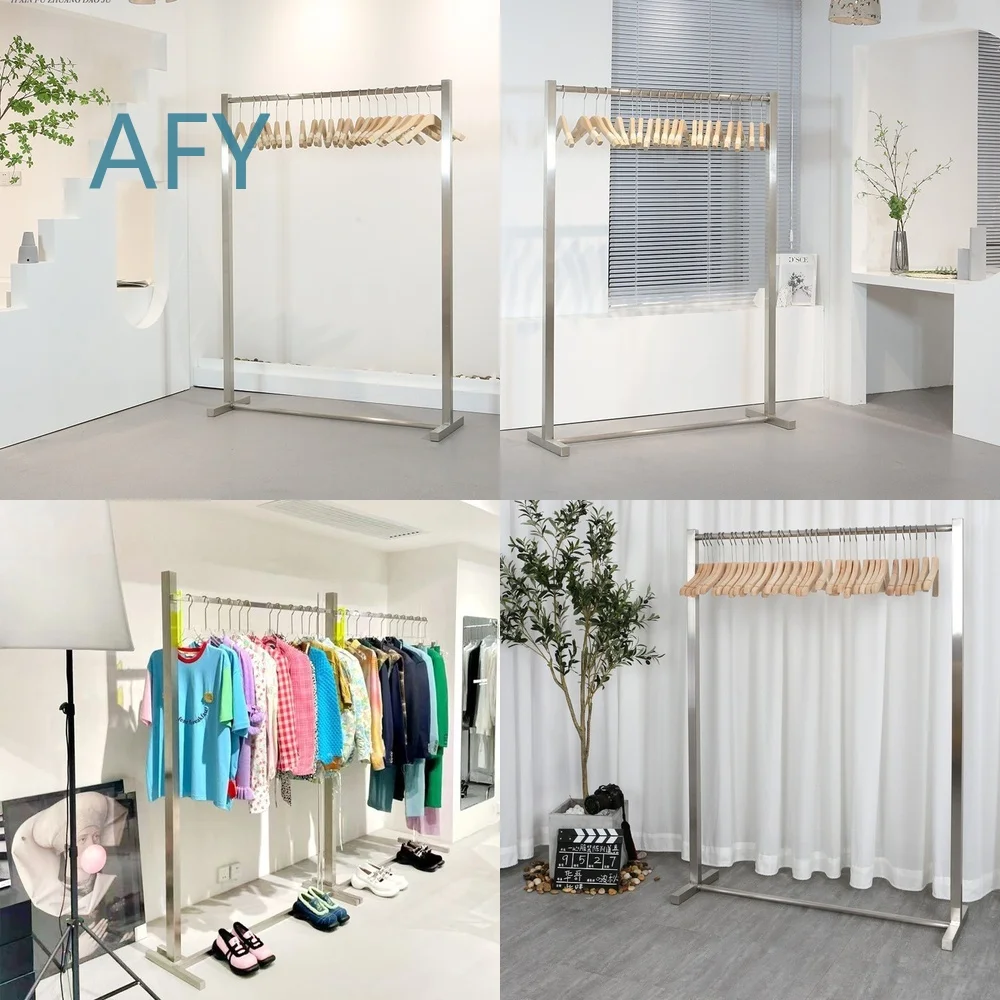 Clothing Display Rack for Women’s Apparel Store Floor to Ceiling Stainless Steel Hanger Minimalist Industrial Style Square