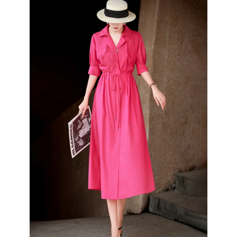 MEXCOCO Women New Summer Casual Commuter Turn Down Collar Zipper Drawstring Waist Cinched Half Sleeve A Line Dress