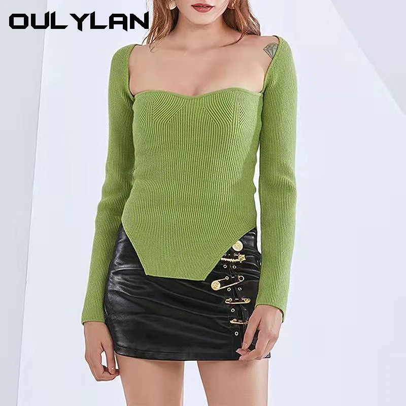 2024 rajutan bawah sweater wanita baru musim gugur dan musim dingin peregangan off-shoulder sweater tipis bawah persegi kerah top Wanita