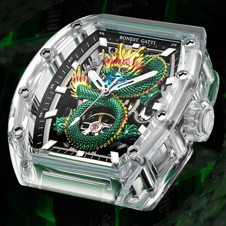 BONEST GATTI Men Automatic Watch 45mm Tonneau Mechanical Wristwatch Acylic Case Sapphire Luminous Skeleton Dragon Dial FKM Strap