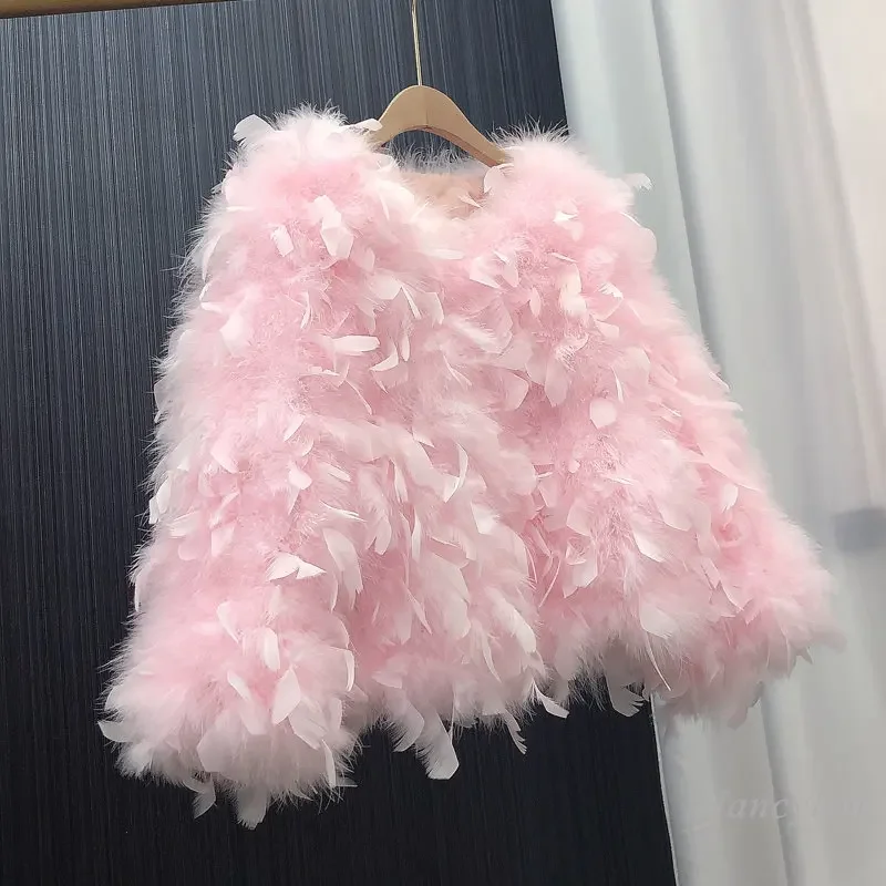 Feather Coat Women Round Neck Sweet Solid Color Winter Short Ostrich Feather Real Fur Cotton Coats Warm Birthday Party Wear