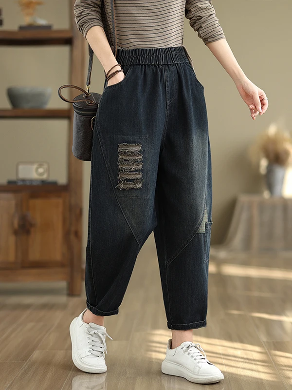 

Women's Faionable Harajuku Sle Ripped Denim Wide Leg Pants Elastic Waist Autumn Winter New Arrival Casual Cotton Blend