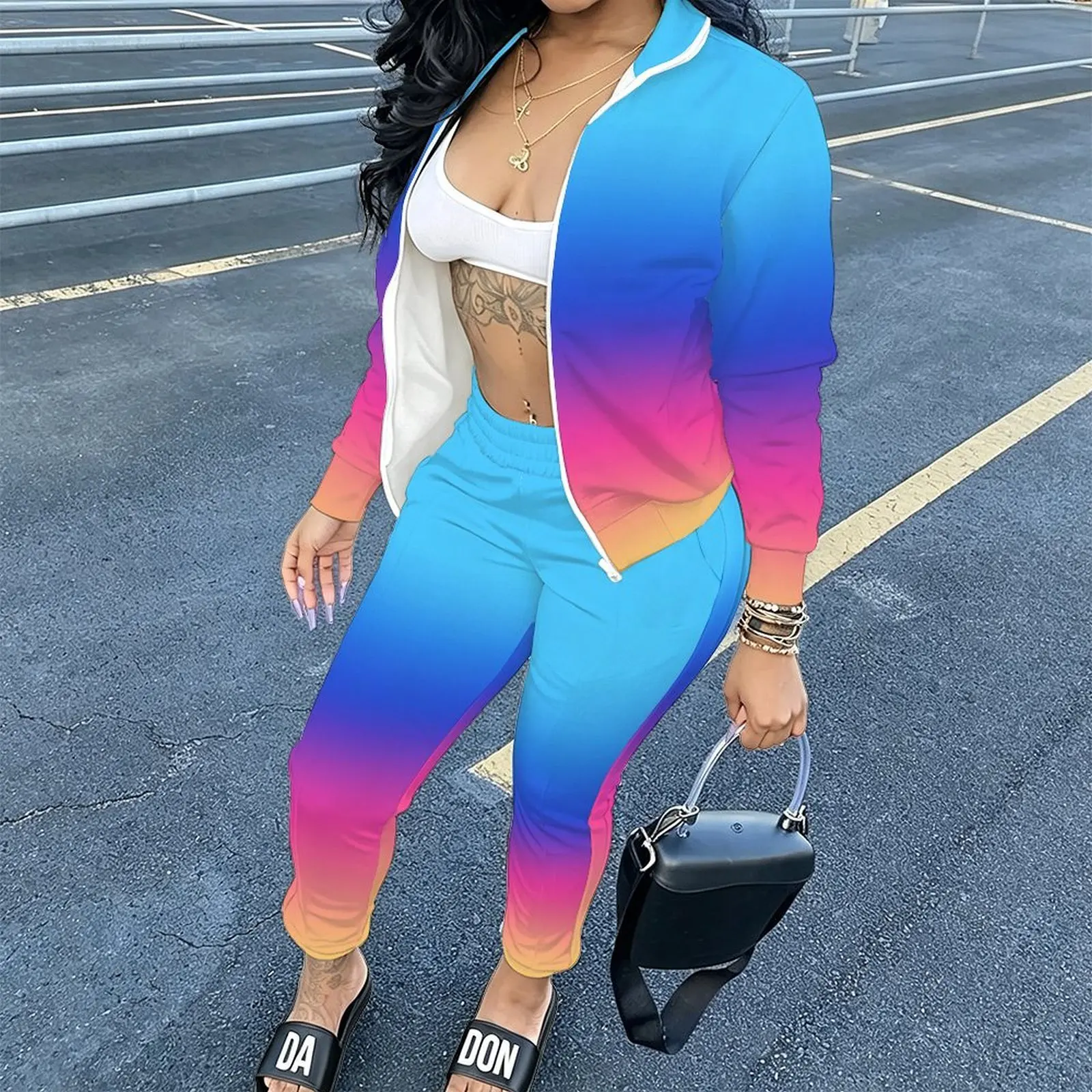 Winter Printed Two-piece Set Zipper Long Sleeve Autumn Jogger Pants Women's Sexy Tight Pants Daily Wear Fashion Top Elegant Coat
