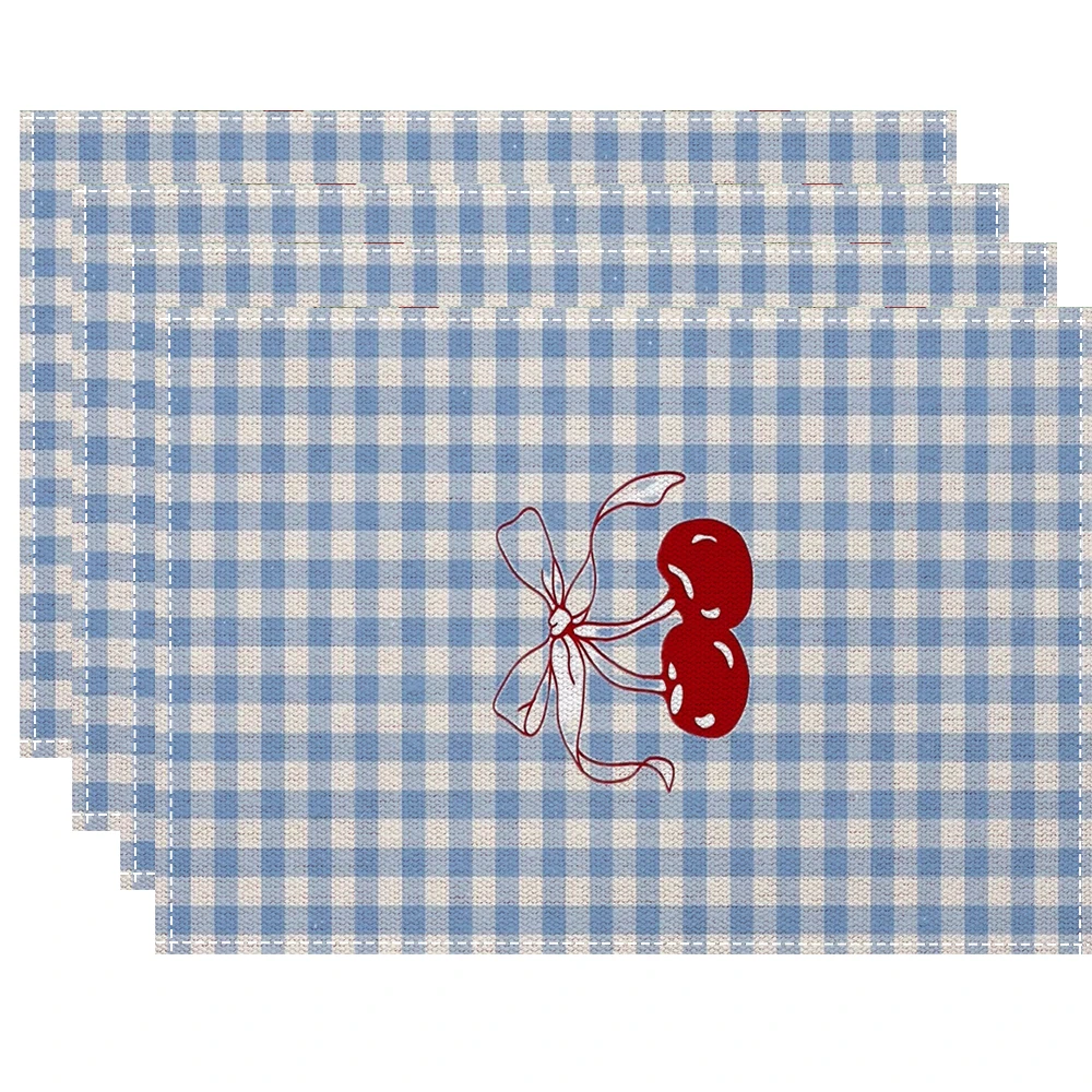 Green Gingham Cherry Placemats With Red Fruit Print For Vintage Farmhouse Dining Table Decor Cute Country Style Washable view 4