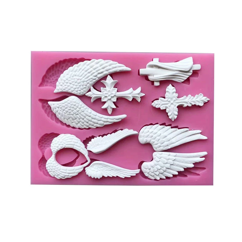 Moule de pâques en silicone en forme de croix et ailes d\'ange, décoration de gâteau, style pop, strass, bougies en sucre, outils exécutifs