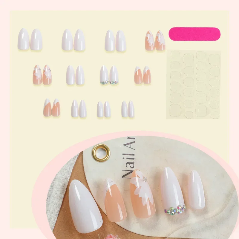 24 Stück/1 Box künstliche Nägel mit Marmorlinien, weiße Mandelform, mittellange, hautaufhellende, auspressbare Nägel, geeignet für Mädchen