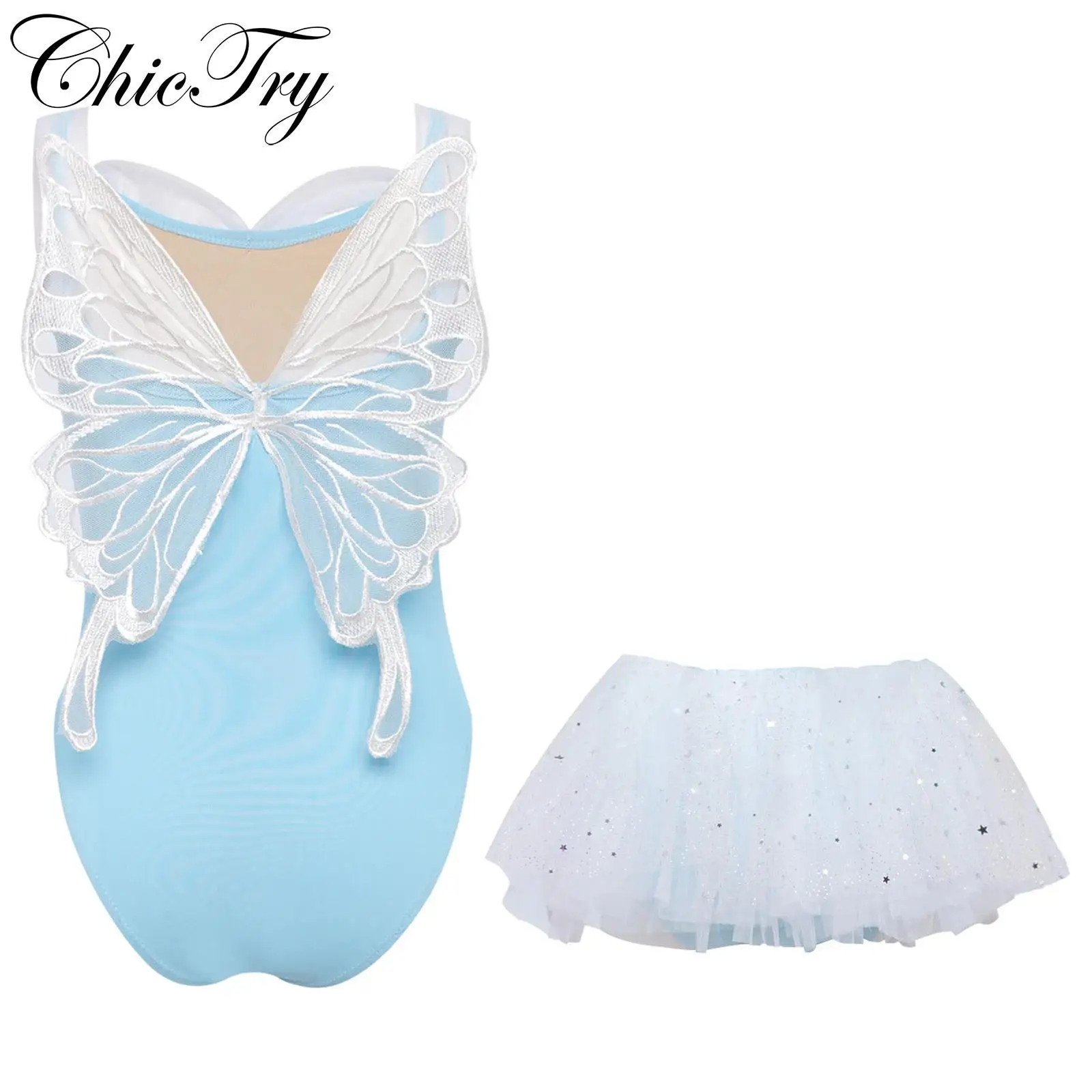 

Kids Girls Ballet Dance Dress Sleeveless Spaghetti Straps Butterfly Back Gymnastics Leotard with Tutu Skirt Stage Performance