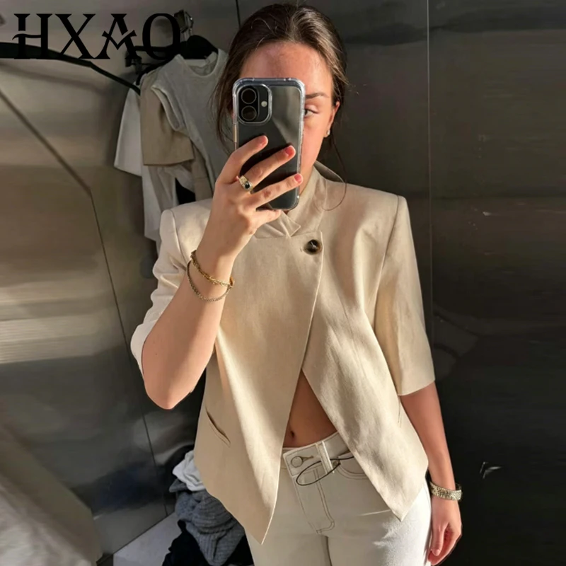 Blazer Corto Asimétrico Color Caqui HXAO para Mujer, Verano 2026, con Botones, de Lino, Manga Corta, Ajustado, para Oficina, Ropa Exterior Femenina