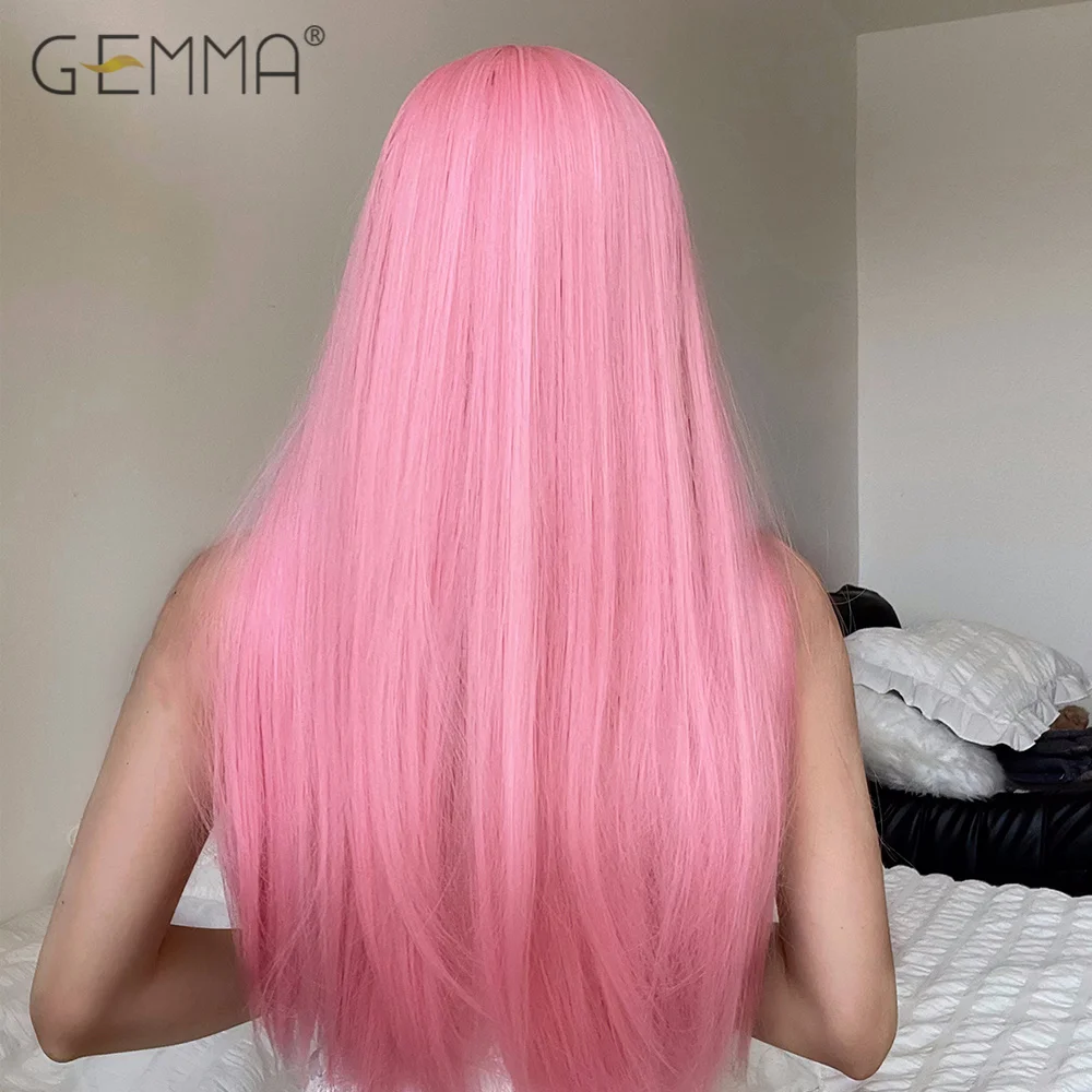 Pink Synthetic Long Straight Wig with Bangs for Women Cosplay Lolita Colored Wigs Natural Hair Heat Resistant Fibre Party Daily