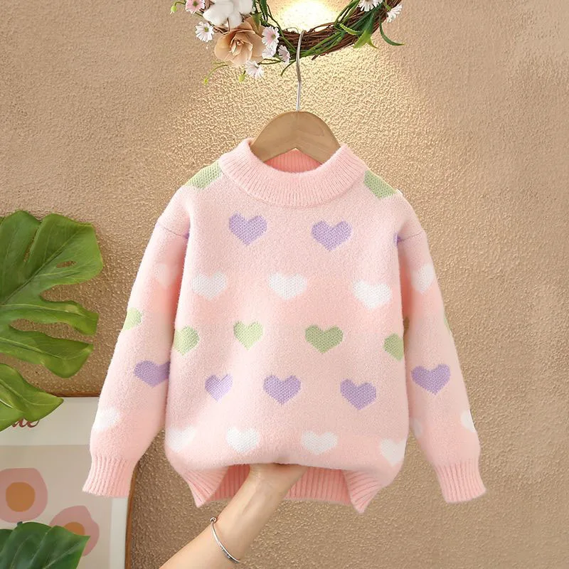 

Детский вязаный свитер для девочек, покрытый разноцветными узорами в виде сердечек, уютная принцесса с круглым вырезом для зимней коллекции трикотажных изделий