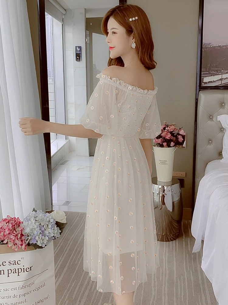 Dresses Women Floral Embroidery Elegant Fashion Prairie Chic Puff Sleeve French Style Aesthetic Party Breathable Fairycore Mujer