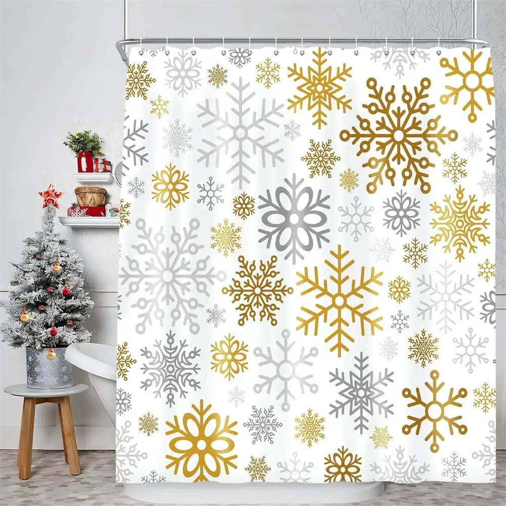 Merry Christmas Shower Curtain Gold Grey Snowflakes Pattern Winter Xmas Home Bathroom Decor Polyester Fabric Bath Curtains Set