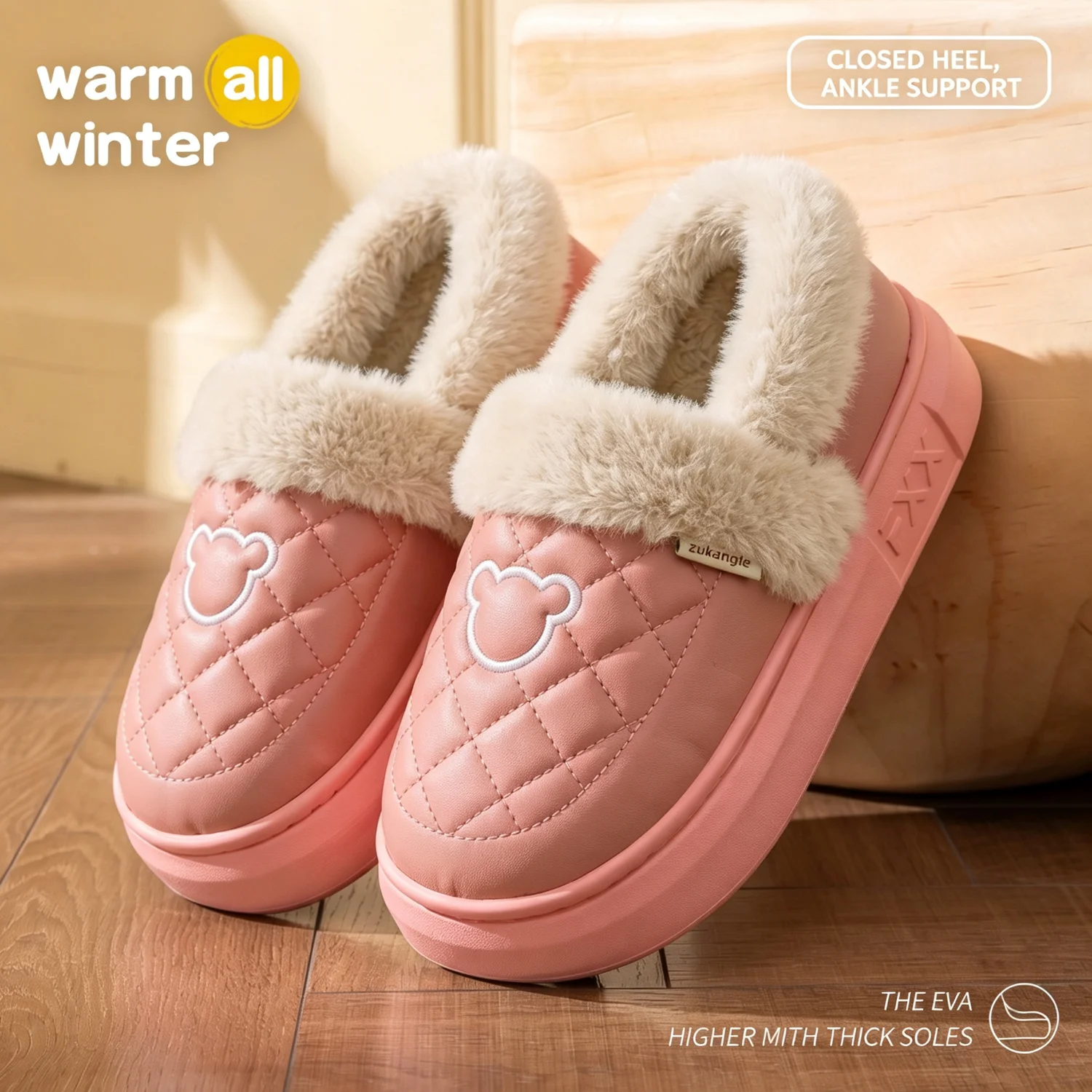 Winter-Wasserdichte Hausschuhe für Damen und Herren, mit dicker Sohle, warmem Plüschfutter, Bärenstickerei, rutschfest, weich, elastisch, für den Innenbereich. – Detail 14