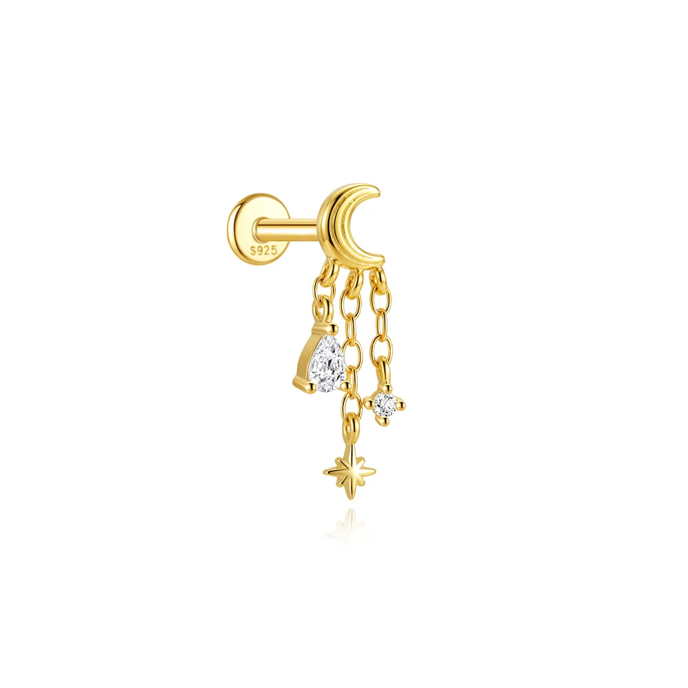 CANNER 925 Sterling Silver Star Moon Tassel Threaded Flat Back Cartilage Piercing Stud Hypoallergenic Summer Beach Party Jewelry