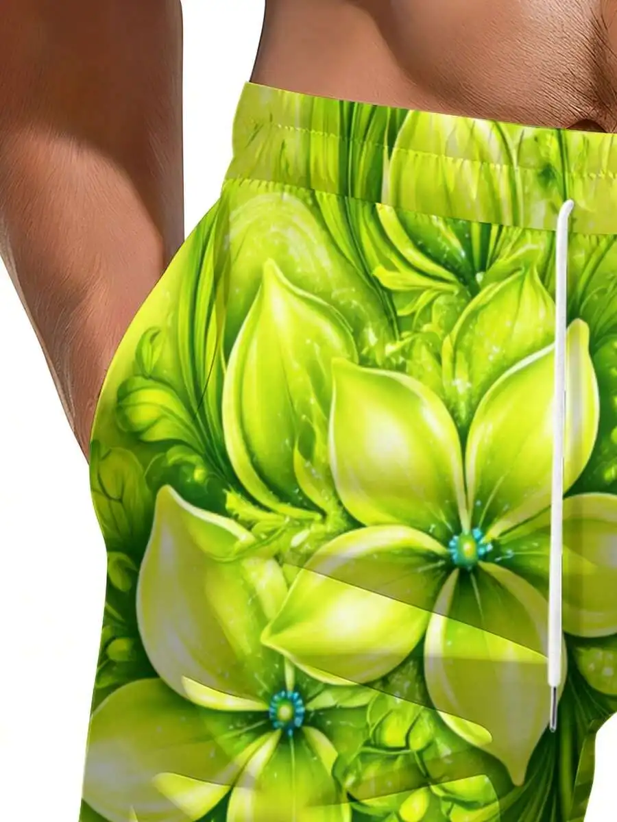 

Mens 3D All-Over Print Floral Beach Shorts Green Flower Design Summer Vacation