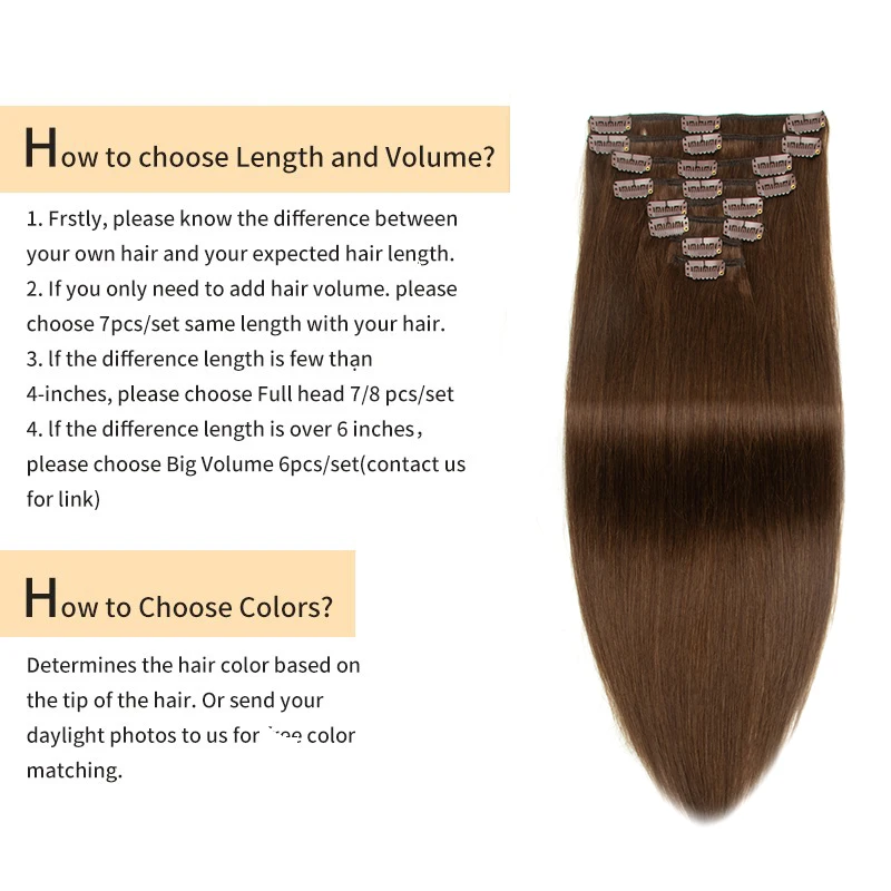 Dark Brown Clip in Hair Extension Human Hair Real Natural  Hair Extension Double Weft Full Head 7PCS Clip Ins For Add Volume